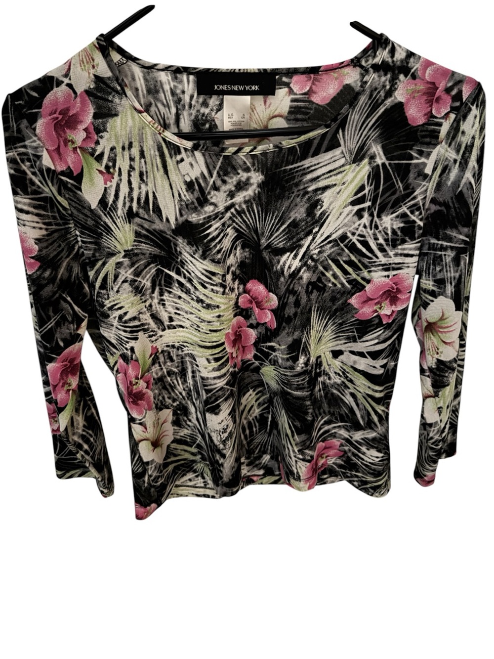 Jones New York Black Floral Print Long-Sleeve Tee